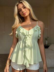 CovetEZ Áo camisole nữ màu trơn, viền bèo nhún, kiểu dáng thường ngày, đa năng. - màu xanh lá - Xem 6