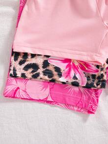 SHEIN Elladie kids 3件組 2025夏季少女花卉豹紋連身褲，簡約粉色海灘度假時尚連身短褲 - 彩色 - 查看 4