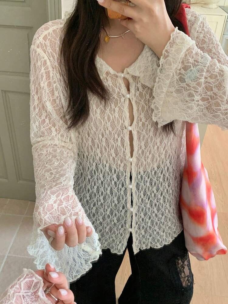 Dazy Plus Plus Size Women Casual Loose Lace Patchwork Flare Sleeve Sheer Blouse, Spring/Summer