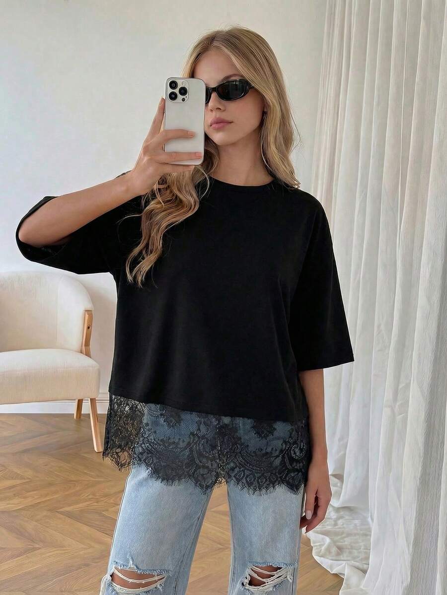 Teen Girls' Fashion Lace Patchwork Drop Shoulder 3/4 Sleeve T-Shirt - Black - View 1