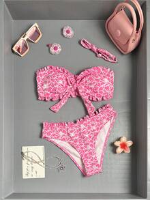 Swim Mod Bộ bikini gợi cảm thắt dây thêu họa tiết dành cho nữ, thích hợp đi biển mùa hè. - Hồng - Xem 3