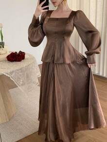 DAZY Elegant Satin Brown Round Neck Blouse And Long Skirt 2 Pieces Set, Spring/Summer - Brown - View 4