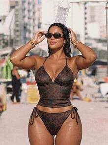 Swim Vcay 2026 Spring/Summer Plus Size Lace Print Trim Minimalist Tankini Swimwear Set For Women - Multicolor - View 6