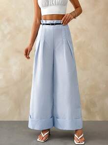 SHEIN Blue And White Striped Elegant Wide Leg Pant With Belt Pants For Summer And Spring - Blue and White - View 5