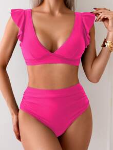 SHEIN Swim 女士夏季海滩度假纯色荷叶边性感比基尼套装 - 玫紅色 - 查看 4