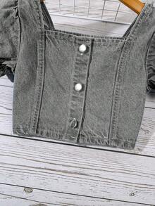 Elladie kids Bộ quần short denim tay bồng kiểu cánh hoa dễ thương, thời trang cho bé gái, kèm chun co giãn. - Màu Xám nhạt - Xem 3