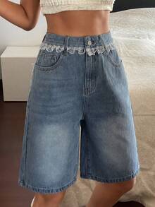 DAZY Quần short jean lửng ống đứng, rách rưới, phối ren tương phản, kiểu dáng thường ngày, thích hợp cho kỳ nghỉ hè của nữ giới, phong cách Y2K. - Màu xanh lam - Xem 4