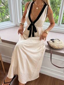 Livesso Black And White Patchwork Sleeveless Dress, Waist Cinched, Suitable For Party Vacation, Beach, Holiday, Summer Sundress Elegant - Apricot - View 4