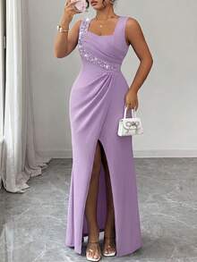 Elenzga Gaun Wanita Ukuran Besar Tanpa Lengan, Leher Persegi, Hiasan Mutiara, Pinggang Pas, Belahan Ruffle, Elegan, Romantis, Halus, Ringan untuk Pesta Koktail, Hem Model Duyung - Purple - View 1