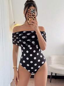 Swim Chiccia Áo tắm một mảnh ôm sát gợi cảm, in họa tiết, hở vai dành cho nữ, thích hợp cho mùa xuân/hè. - Đen và trắng - Xem 9