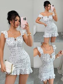 SHEIN Elenzya Women's Polka Dot Print Twist Front Casual Mini Dress - Black and White - View 1