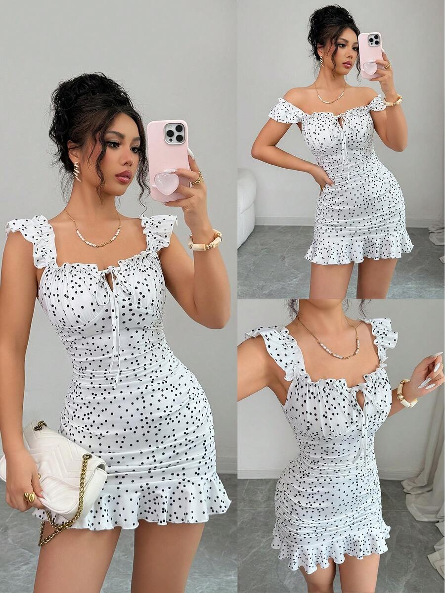 SHEIN Elenzya Women's Polka Dot Print Twist Front Casual Mini Dress - Black and White - View 1