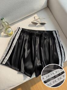 Comfortcana Plus Size Satin Lace Trim Shorts Home Brown Summer Casual Gym - Black - View 7