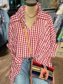 Linhara Women's Plus-Size Red And White Checkered Blouse, Retro 1920s 90s Country Picnic Brunch Style, Autumn Ruffled Stand-Up Collar V-Neck Loose-Fitting Top - Red - View 1