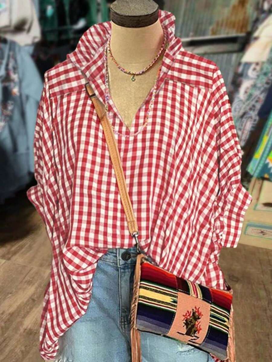 Linhara Women's Plus-Size Red And White Checkered Blouse, Retro 1920s 90s Country Picnic Brunch Style, Autumn Ruffled Stand-Up Collar V-Neck Loose-Fitting Top - Red - View 1