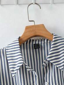 SHEIN Franclia 法式优雅梭织翻领长袖系带开衫，条纹女式衬衫，秋季新品 - 藏蓝色 - 查看 5