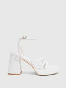 CUCCOO SZL Women Fashionable Black Strappy High Heel Sandals, Graduation Heel, Prom Heels For Summer Vacation Shoes Summer Elegant Basics Business Casual Business Chic Spring Shoes Spring Break Easter For Christmas - White - View 2