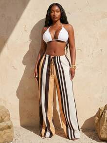 SHEIN SXY Women's Black And White Striped Linen-Like Wide Leg Pants,High Waist Elastic Waistband Summer Boho Elegant Beach Holiday Casual Long Trousers Outfit - Multicolor - View 6