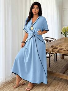 EMERY ROSE Vestido maxi de manga corta con bloqueo de color de algodón y lino color albaricoque, un vestido para mujer de talla grande adecuado para vacaciones casuales y salidas diarias en primavera y verano. - Celeste - Ver 3
