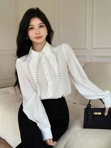 Modelyn 新款镶钻简约白色女式衬衫 - 白色 - 查看 8