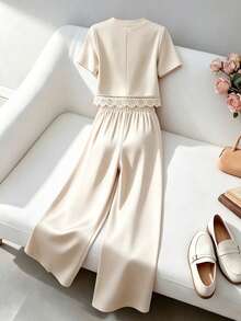 GlowEve CURVE Plus Size Women Pearl Decor Round Neck Short Sleeve Top And Wide Leg Pants Casual Outfit - Apricot - View 2
