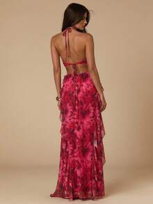 SHEIN BAE Einfarbiges & florales bedrucktes sexy rüschenbesetztes rückenfreies Camisole-Kleid, Damen Geburtstagskeid, Damen Sommerkleidung, Damen elegantes Kleid, Damen Sommer-Sonntagskleid, Boho-Stil Outfit - Pink - Übersicht 2