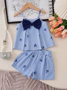 SHEIN Genkimix Kids 女童彩色条纹吊带背心套装，褶皱设计搭配蝴蝶结装饰短裤，可爱甜美，日常穿着，适合夏季 - 淺藍色 - 查看 7