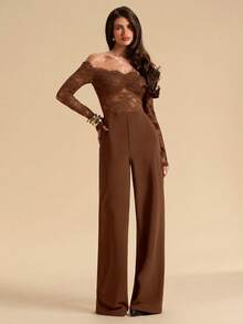 SHEIN BAE Combinaison sexy transparente à épaules dénudées en dentelle noire ajourée pour femmes, combinaison élégante pour dames, combinaison à jambes larges en dentelle - Tabac - Voir 5