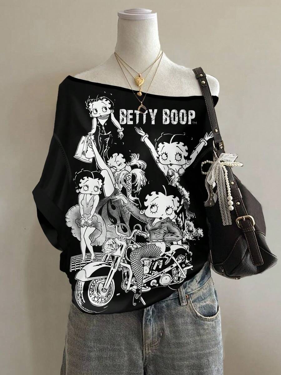 Attitoon Betty Boop x SHEIN 休闲复古朋克 Y2K 百搭派对单色做旧摩托车英文字母图案T恤,适合音乐节、哥特风、夏季外出,女士露肩宽松短袖T恤 - 彩色 - 查看 1