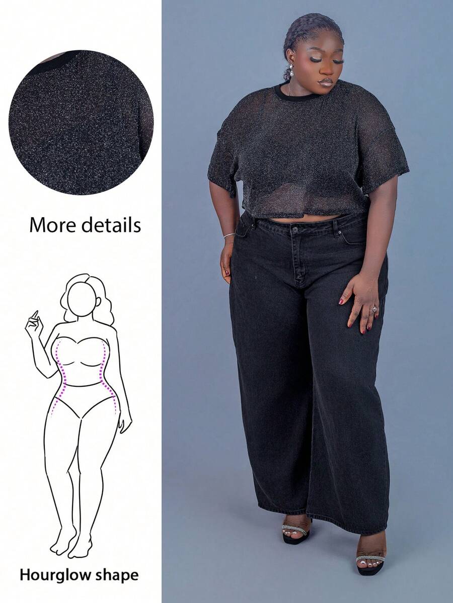 CurvyTilda 大码透明闪光网眼圆领短袖套头衫,适合夏季 - 黑色 - 查看 1