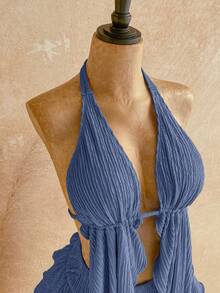 Soleia Set de 2 piezas: Top asimétrico de cuello halter con textura de punto + Falda de cintura baja con volantes en el bajo, adecuado para vacaciones, citas, San Valentín, tarde de té - Neblina azul - Ver 4