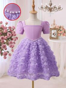 夏季女童花瓣袖公主风针织连衣裙，拼接领，3D玫瑰网纱裙摆，适合日常穿着、派对、节日等场合，夏季波西米亚风蓬蓬裙 - 紫色 - 查看 8