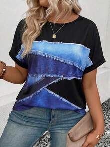 Selamara Áo thun nữ cỡ lớn, kiểu dáng mới về mùa xuân/hè, chất liệu giả denim phối họa tiết, cổ tròn, tay ngắn, phong cách thường ngày, đa năng. - Nhiều màu - Xem 4