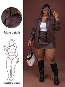 Plus Size 2 Pieces Commuter Casual Set Women PU Jacket Top And Skirt, Fashion Brown 2 Pieces Set Brown Leather Set Women Brown Leather Top Chocolate Brown Top, For Hourglass Body Shape - Rust Brown - View 1