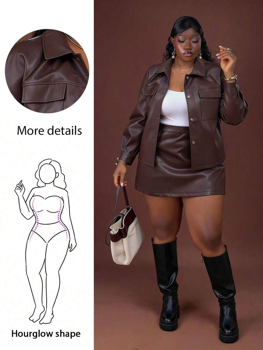 Plus Size 2 Pieces Commuter Casual Set Women PU Jacket Top And Skirt, Fashion Brown 2 Pieces Set Brown Leather Set Women Brown Leather Top Chocolate Brown Top, For Hourglass Body Shape - Rust Brown - View 1