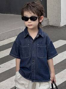 Áo sơ mi denim tay ngắn một hàng cúc dành cho bé trai, kiểu dáng thường ngày, đa năng. - Màu xanh lam - Xem 5
