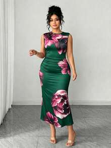 SHEIN PETITE CURVE 大码女式碎花修身无袖连衣裙，优雅适合约会和外出 - 墨綠色 - 查看 7