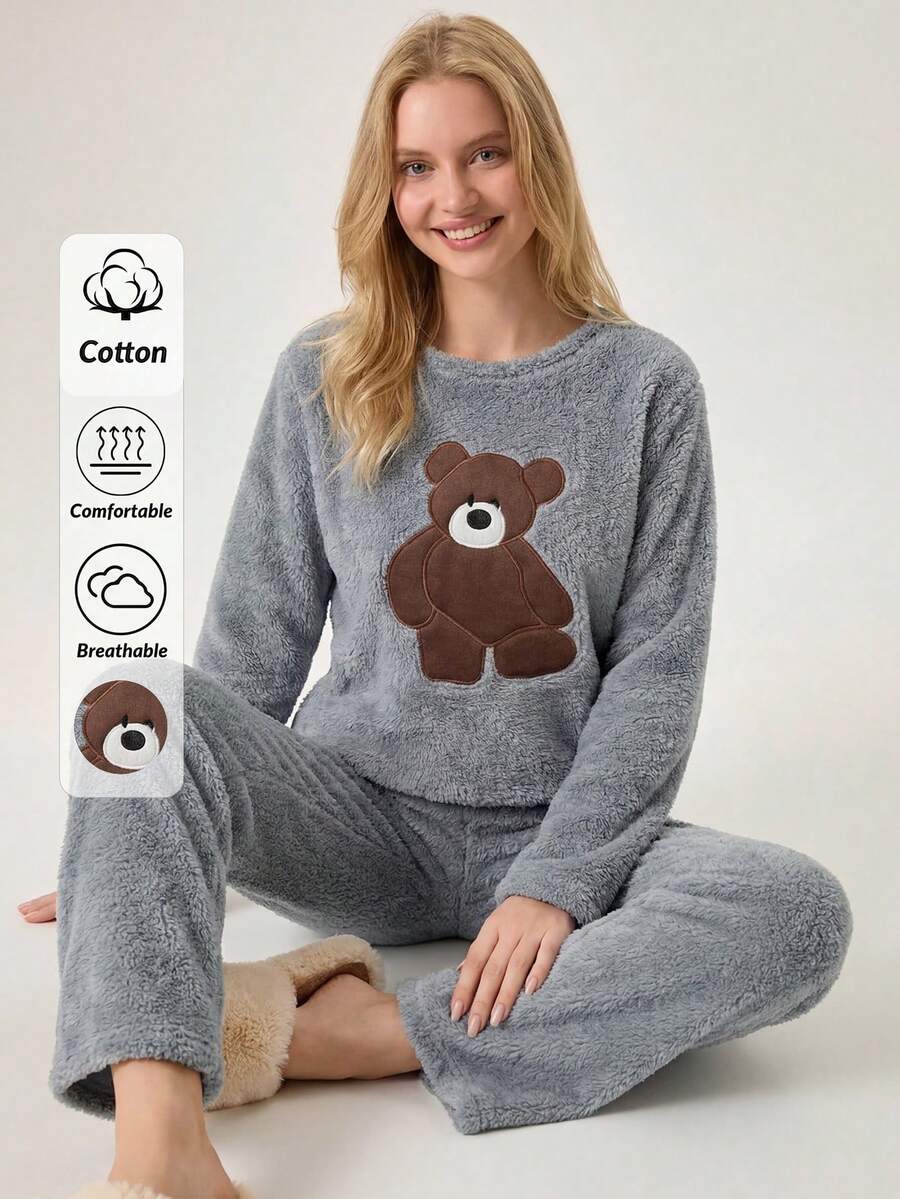 Loomlin 2 Stücke Plüschbär Stickerei Detail Homewear Pyjama Set - Grau - Übersicht 1