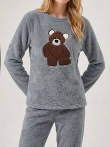 Loomlin 2 Stücke Plüschbär Stickerei Detail Homewear Pyjama Set - Grau - Übersicht 4