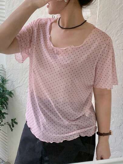 Dazy Plus Plus Size Women's Polka Dot Sheer Short Sleeve Cute Round Neck Undershirt, Spring/Summer