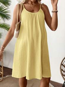 SHEIN Maternity Solid Color Minimalist Casual Camisole Dress - Yellow - View 4