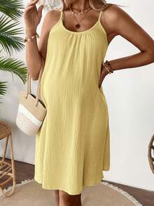SHEIN Maternity Solid Color Minimalist Casual Camisole Dress - Yellow - View 6