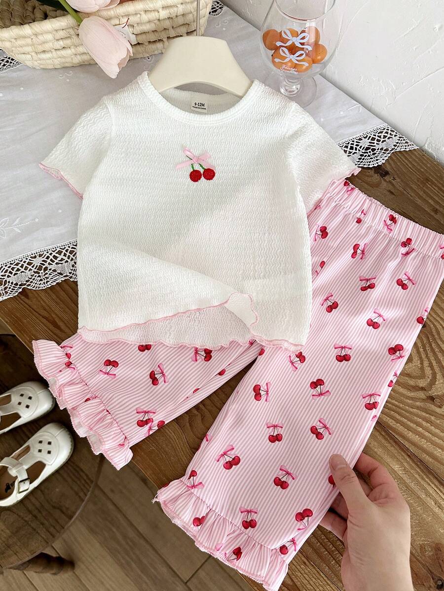 SHEIN 2件套女婴幼儿/新生儿0-3岁春夏可爱图案条纹针织樱桃刺绣短袖T恤和格子裤套装 - 粉色 - 查看 1