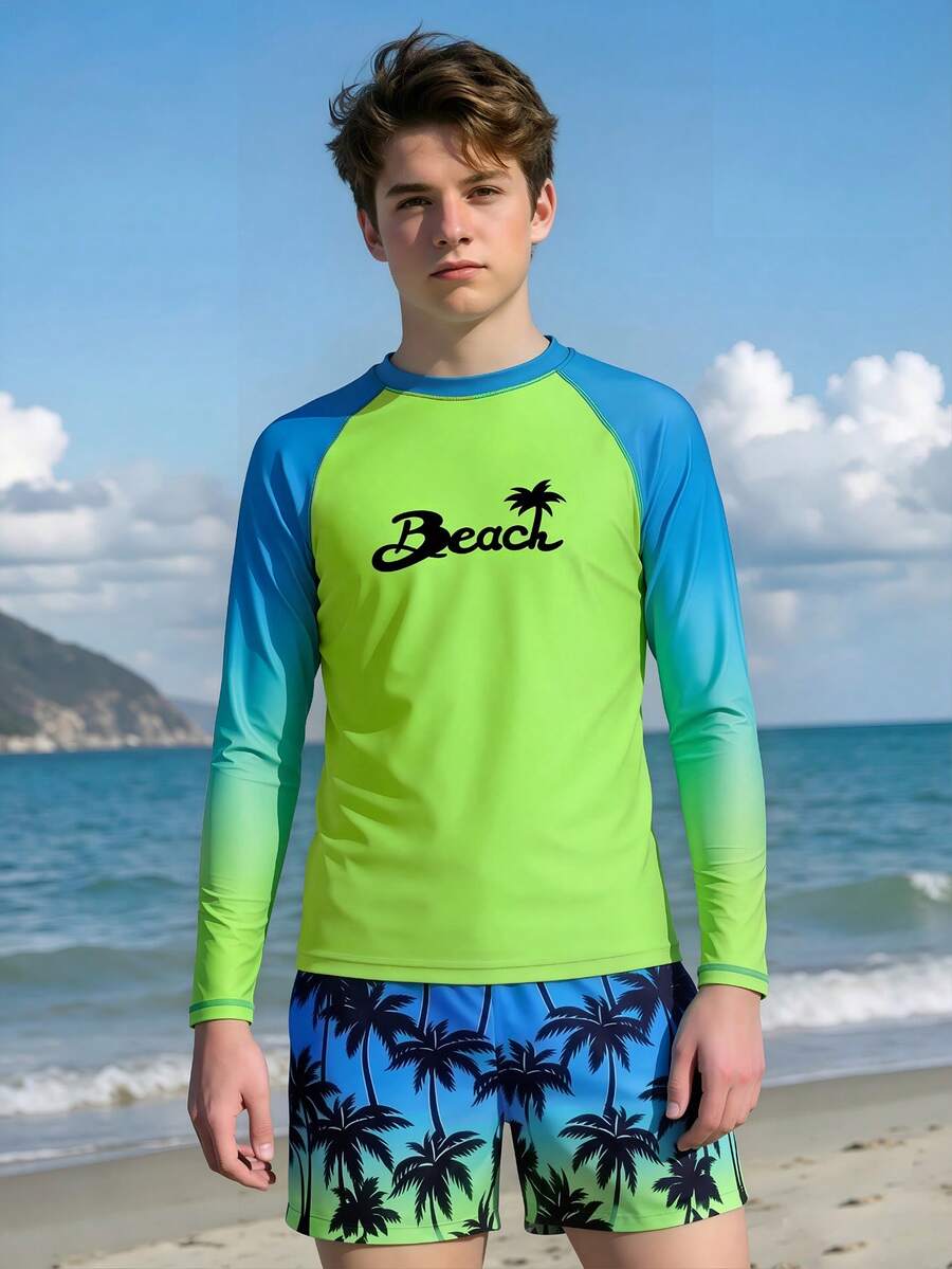 SHEIN Set Pakaian Renang Remaja Laki-laki, Atasan Lengan Panjang Pelindung Ruam Motif Pohon Palem Gradien & Celana Renang Warna Kontras, Musim Panas, Liburan Pantai, Pakaian Selancar Liburan - Hijau - View 1