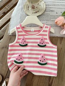 SHEIN LMoss Kids Camiseta de tirantes informal de verano para niña con decoración de sandía a rayas - Rosa - Ver 6