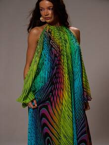 MUSERA Chiffon Extreme Open Back Split Sleeve Halter Neck Printed Maxi Dress Sexy Summer Spring Rave Beach Festival Holiday Vacation Ibiza Party Going Out Urchin - Yellow - View 2