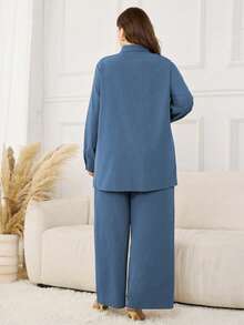Lacomfia Conjunto de 2 piezas de talla grande con camisa de manga larga de unicolor casual con decoración de volante en el bajo y pantalones de pierna ancha con cintura elástica, para primavera/otoño - Azul - Ver 2