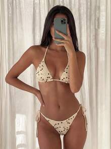 SHEIN Swim Mod Swim MOD 两件套泳衣，亮片吊带文胸上衣和侧系带比基尼泳裤，性感女士泳装套装，适合春夏度假 - 彩色 - 查看 4