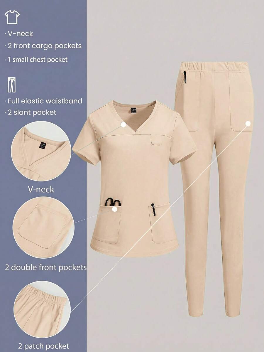 TaskEZ Solid Color Short Sleeve Pocket Top And Pants Scrub Uniform Set - Apricot - View 1
