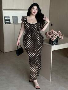 Vibekara Đầm chấm bi thanh lịch cổ vuông tay ngắn dành cho nữ cỡ lớn - màu nâu - Xem 1